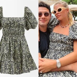 Matteau black floral mini dress w/ puff sleeve